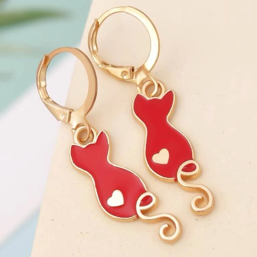 🐈 Awesome Red Kitty Heart Artsy Hoop Dangle Pierced Earrings 🐈‍⬛